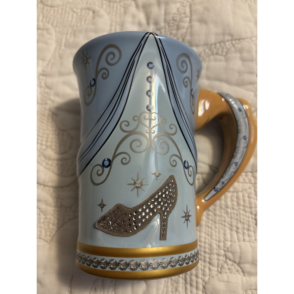 Disney Parks Cinderella‎ Cup/Mug Handle Blue And Gold With Rhinestone Slipper